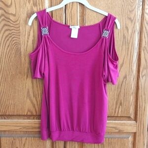 HALO Women's Small Cold Shoulder Top Blouson Rose Pink Silver Metal Details